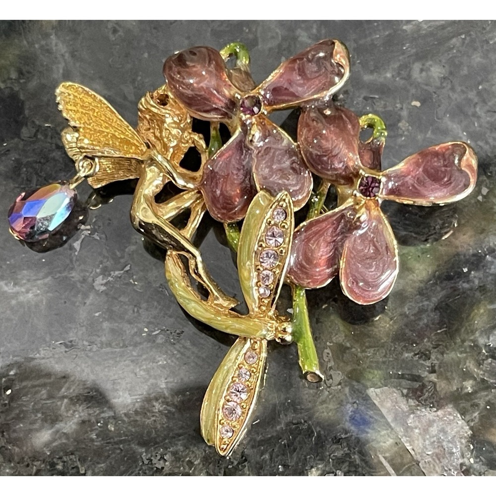 Kirks Folly Fairy Dragonfly Enamel Flower Purple Crystal Dangle QVC Pin Brooch